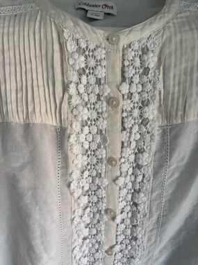 Coldwater Creek XL Cream Crochet Lace Front Button Up Silk Cotton Top